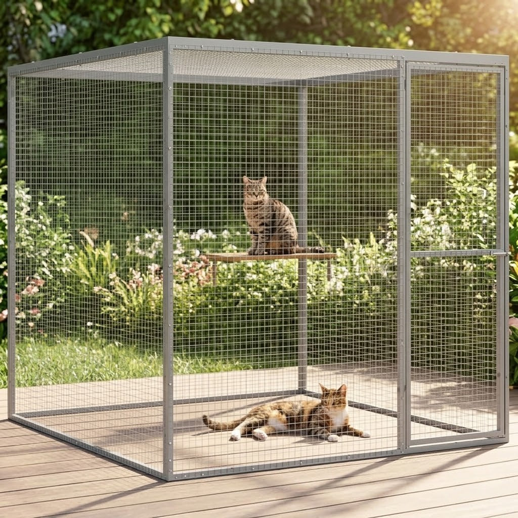 Enclos Chat Extérieur 1,5 x 1,5 x 1,5 m en Acier Galvanisé – mise en situation