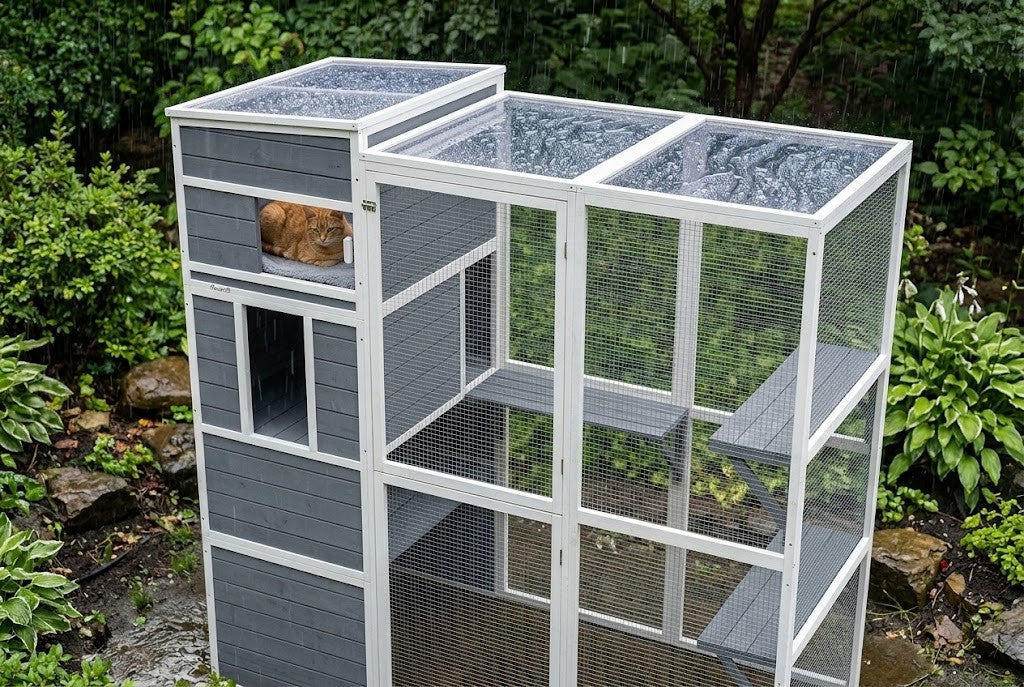Toit étanche de l'enclos sous la pluie, chat au sec dans la maisonnette