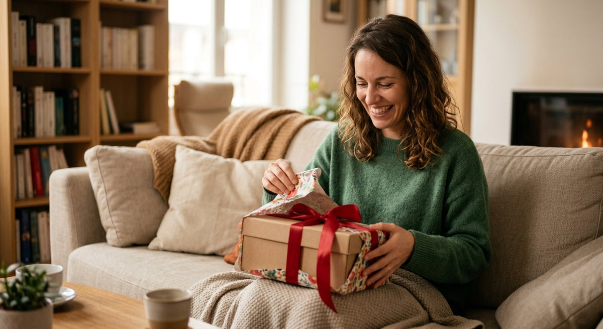 Personne joyeuse ouvrant un cadeau emballe - scene generique - Petzeal