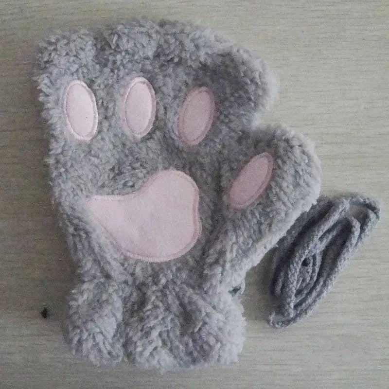 Gants en polaire Coral - Adorables moufles de chat gris avec pattes roses, Doux Gants