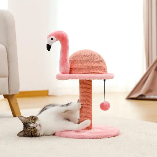 Griffoir pour chat en forme de flamant rose : Arbre à chat original avec un chat se prélassant sur le dessus