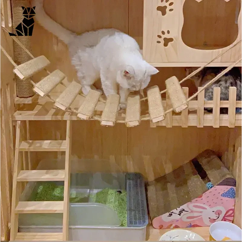 Griffoir mural pour chat - Espace d’activité vertical avec chat jouant dans une maison en bois
