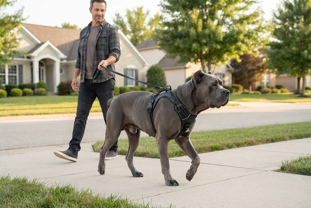 Un chien massif tenu sans bras de fer