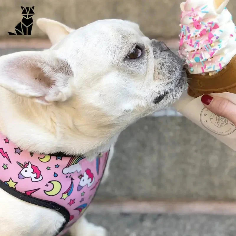 Chien de taille moyenne dégustant une glace tout en portant un harnais respirant pour le confort et la sécurité