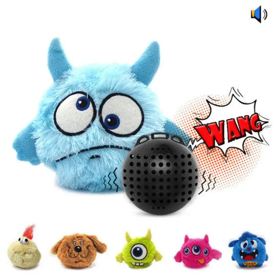 Jouet monstre bleu avec de grands yeux et une boule noire ; parfait pour une stimulation vibratoire interactive