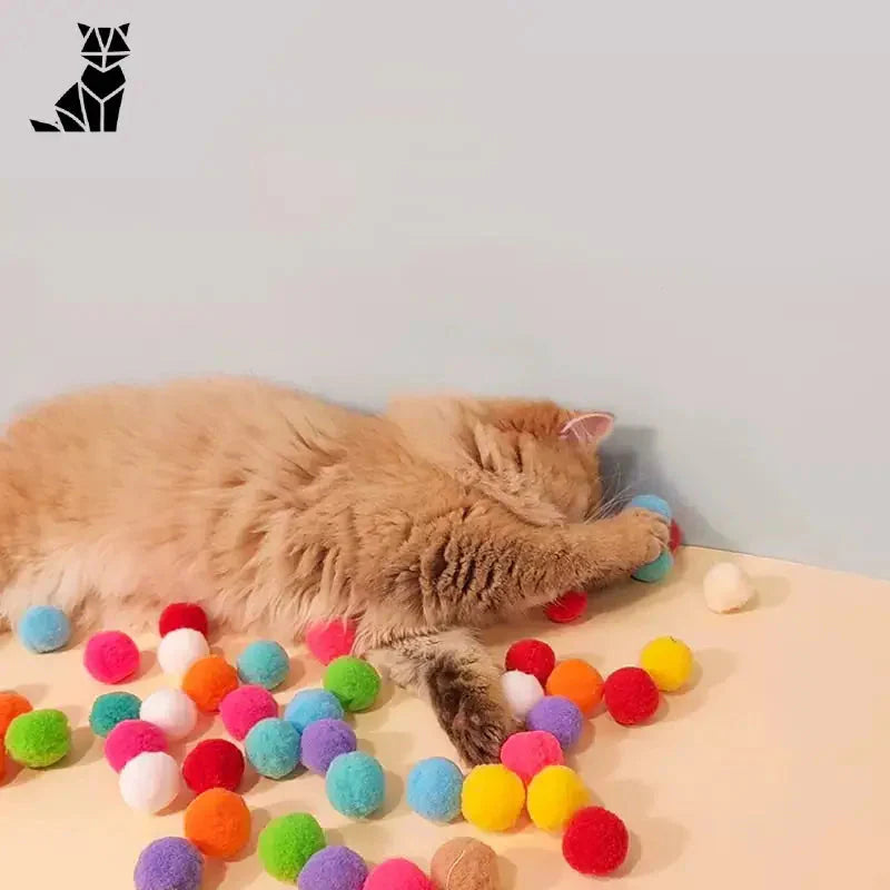Jouet interactif pour chat - Mini lanceur de pompons avec un chat couché sur une table remplie de boules colorées
