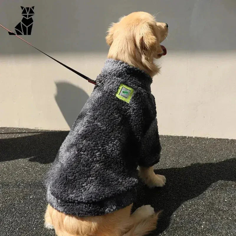 Grand chien dans un pull en laine gris avec une étiquette verte, avec la mention Manteau d’hiver chaud pour chiens