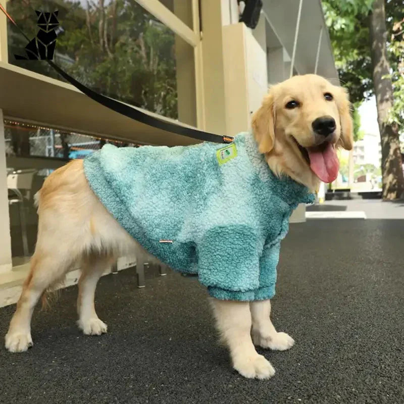 Grand chien en laine manteau bleue debout sur le trottoir - Manteau d’hiver chaud pour grands chiens