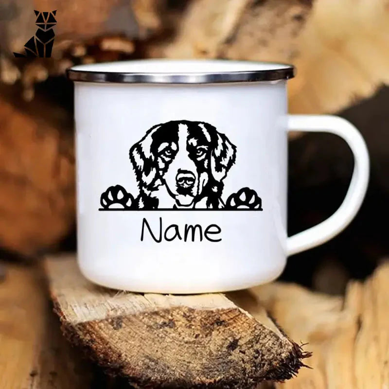 Tasse à chien personnalisée avec un adorable dessin de chien girafe sur émail blanc et un nom personnalisé