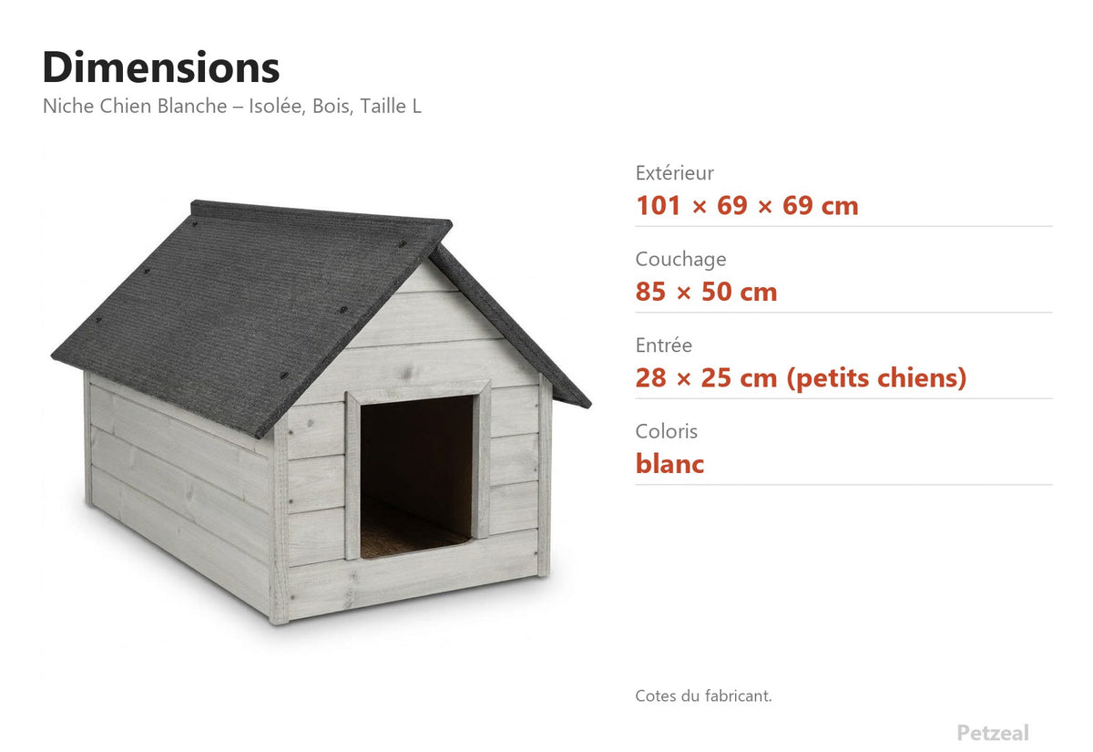 Niche Chien Blanche – Isolée, Bois, Taille L – dimensions : extérieur 101 × 69 × 69 cm, couchage 85 × 50 cm, entrée 28 × 25 cm (petits chiens)