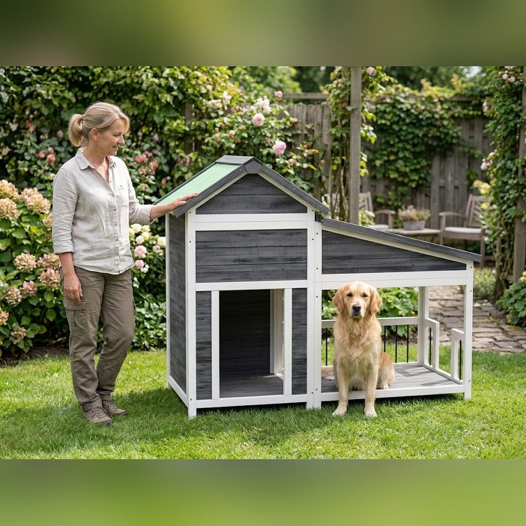 Niche Chien Jardin avec Véranda 143 x 60,5 x 109 cm Coloris Moka – taille réelle