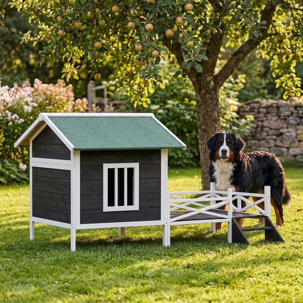 Niche Chien Moderne avec Terrasse et Marches 159 x 120 x 88,5 cm Gris – mise en situation