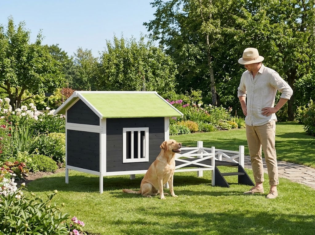 Niche Chien Moderne avec Terrasse et Marches 159 x 120 x 88,5 cm Gris – taille réelle