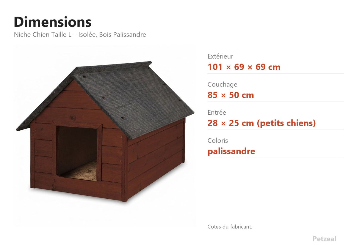 Niche Chien Taille L – Isolée, Bois Palissandre – dimensions : extérieur 101 × 69 × 69 cm, couchage 85 × 50 cm, entrée 28 × 25 cm (petits chiens)