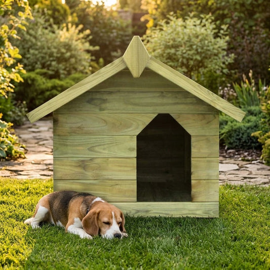 Niche Chien Toit Ouvrant pour Petites Races en Pin Imprégné – mise en situation