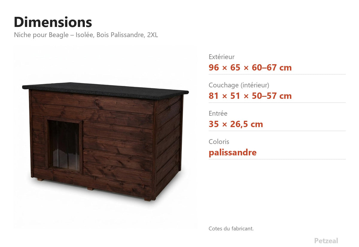 Niche pour Beagle – Isolée, Bois Palissandre, 2XL – dimensions : extérieur 96 × 65 × 60–67 cm, couchage (intérieur) 81 × 51 × 50–57 cm, entrée 35 × 26,5 cm