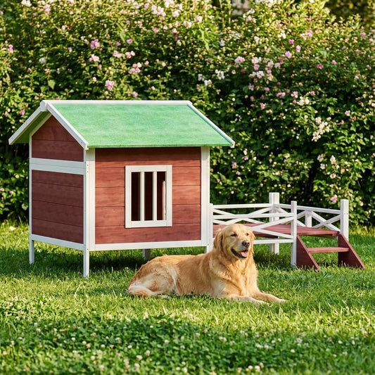 Niche pour Chien avec Terrasse et Marches 159 x 120 x 88,5 cm Pin Massif – mise en situation
