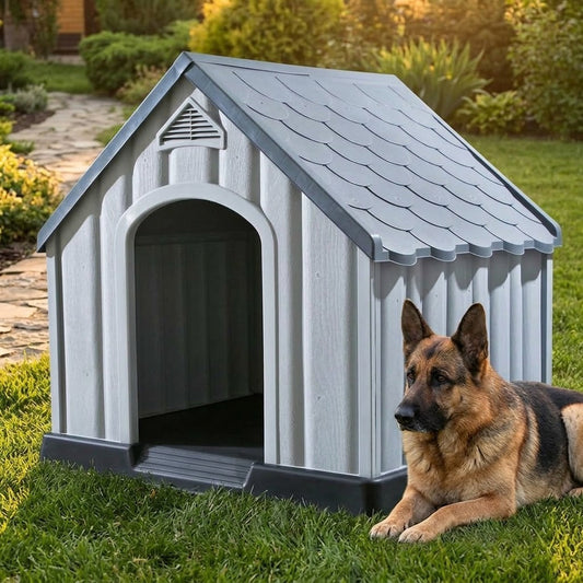 Niche pour Chien en Plastique 92 x 87 x 91 cm à Plancher Surélevé Gris – mise en situation