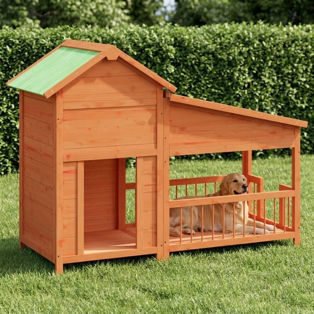 Niche pour Grand Chien avec Véranda Couverte 143 x 60,5 x 109 cm Pin Massif – mise en situation