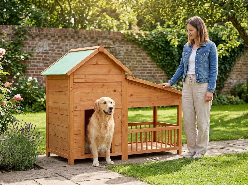 Niche pour Grand Chien avec Véranda Couverte 143 x 60,5 x 109 cm Pin Massif – taille réelle