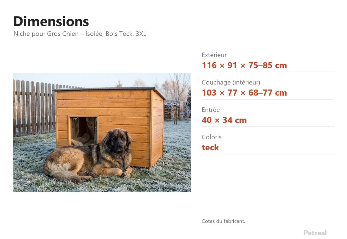 Niche pour Gros Chien – Isolée, Bois Teck, 3XL – dimensions : extérieur 116 × 91 × 75–85 cm, couchage (intérieur) 103 × 77 × 68–77 cm, entrée 40 × 34 cm