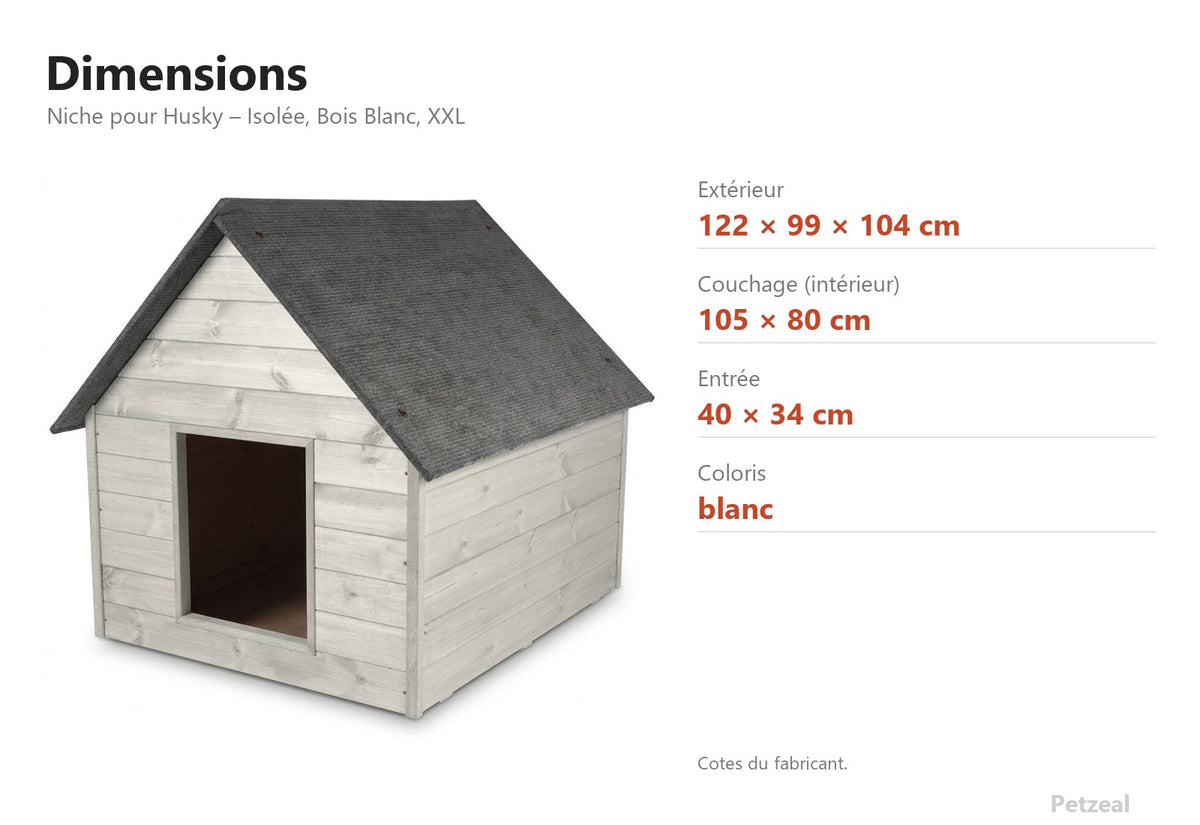 Niche pour Husky – Isolée, Bois Blanc, XXL – dimensions : extérieur 122 × 99 × 104 cm, couchage (intérieur) 105 × 80 cm, entrée 40 × 34 cm