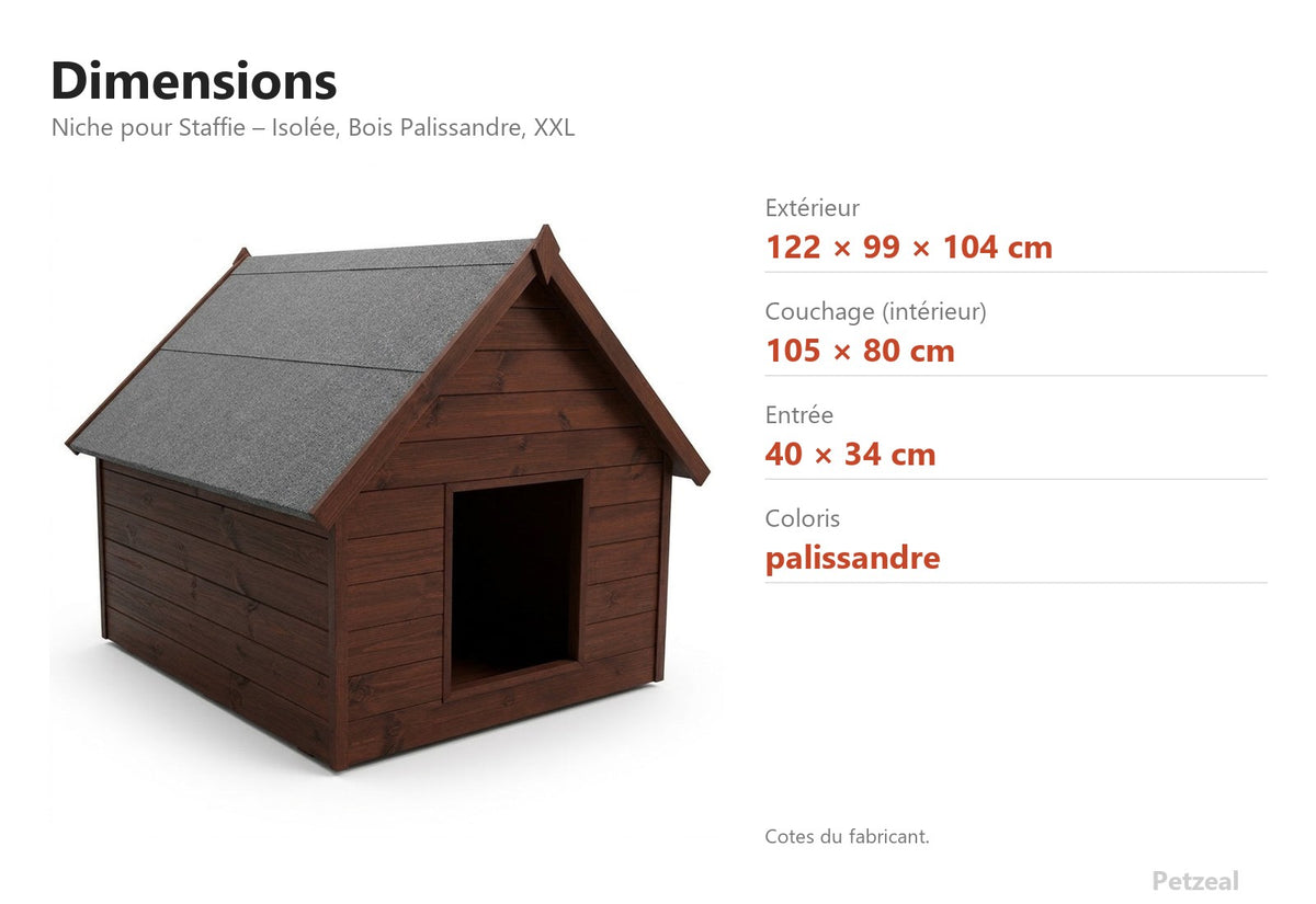 Niche pour Staffie – Isolée, Bois Palissandre, XXL – dimensions : extérieur 122 × 99 × 104 cm, couchage (intérieur) 105 × 80 cm, entrée 40 × 34 cm