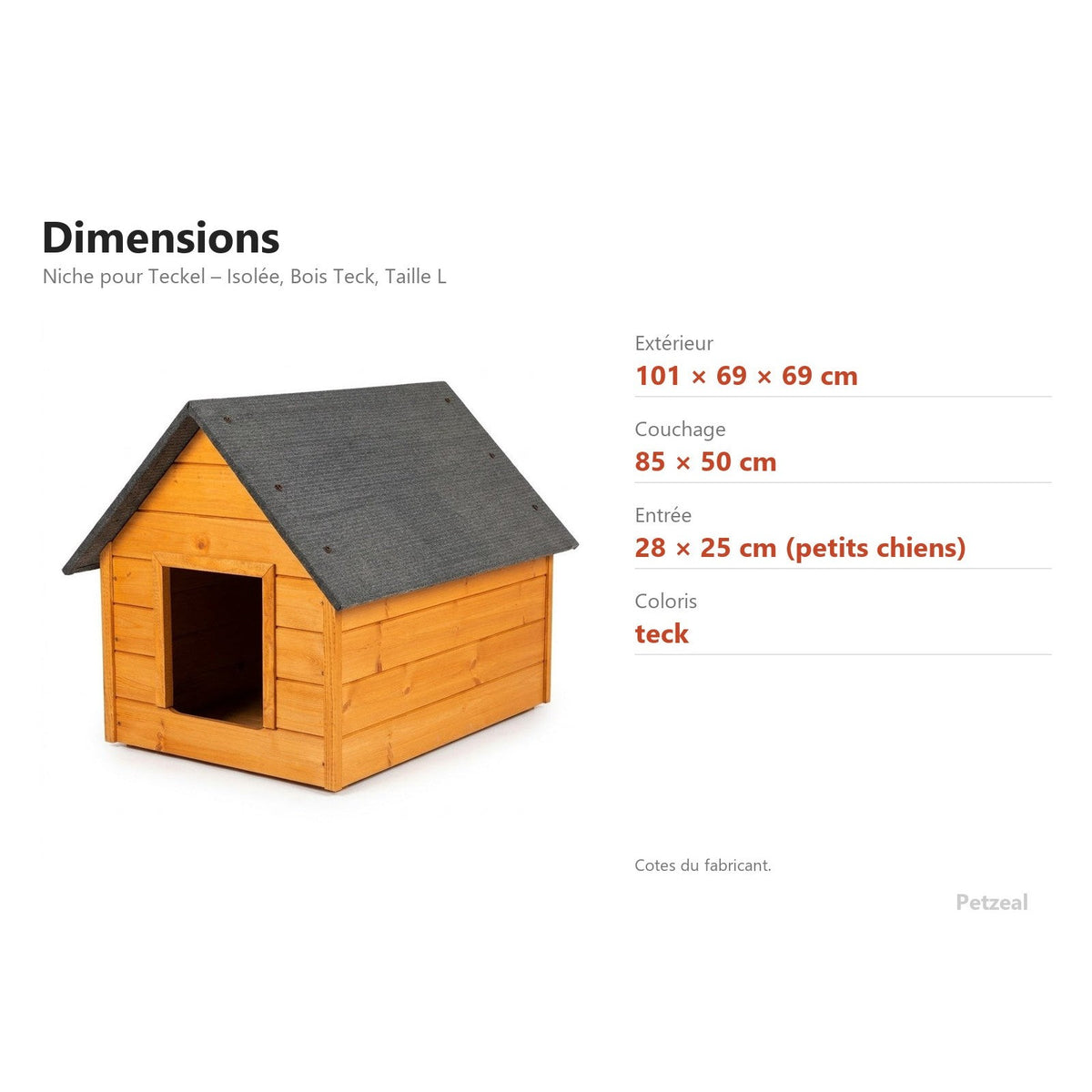 Niche pour Teckel – Isolée, Bois Teck, Taille L – dimensions : extérieur 101 × 69 × 69 cm, couchage 85 × 50 cm, entrée 28 × 25 cm (petits chiens)