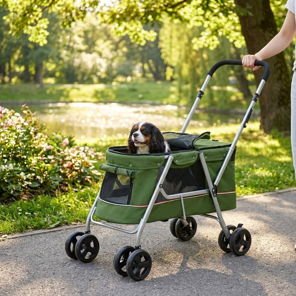Poussette Chien Pliable jusqu'à 15 kg 100 x 49 x 96 cm Verte – mise en situation