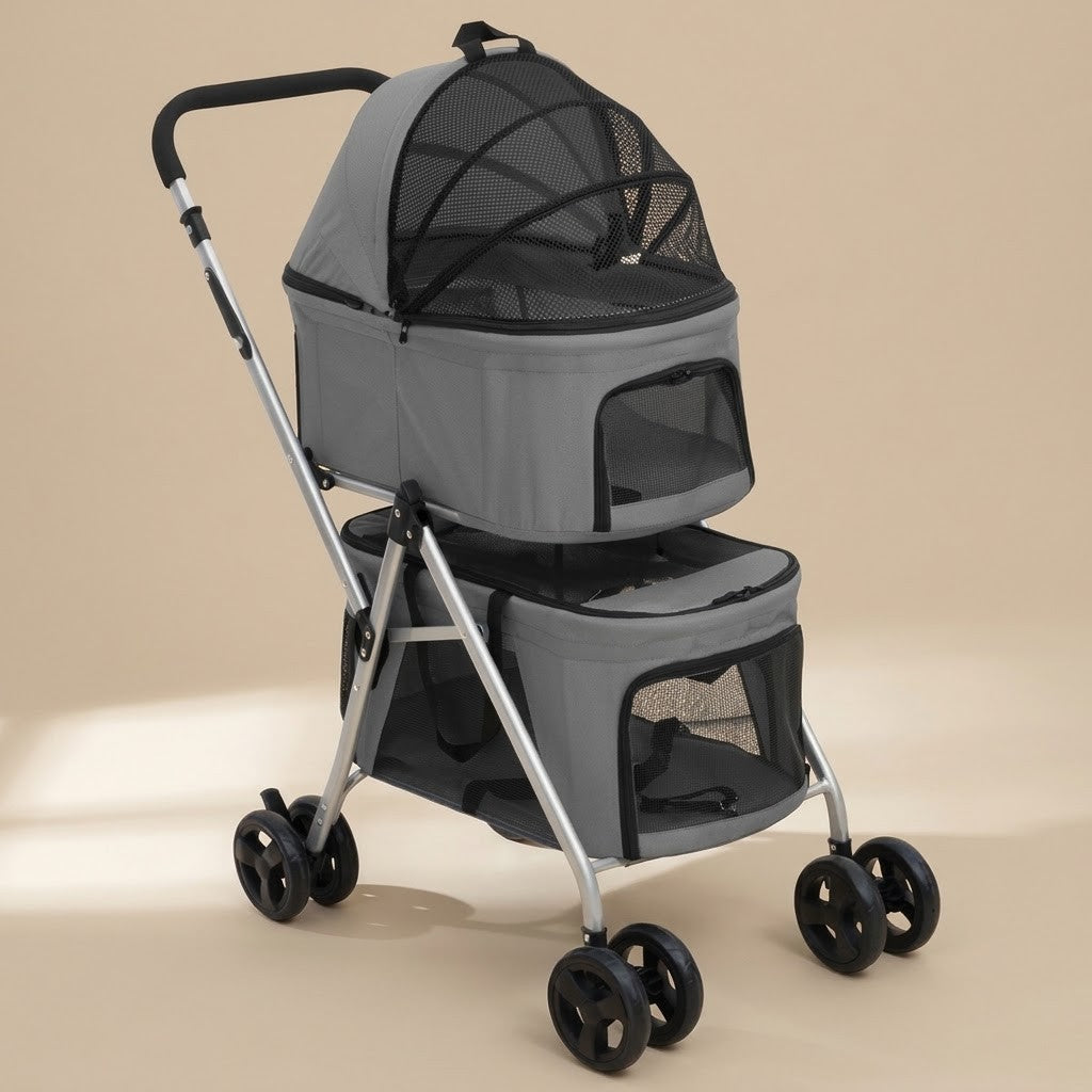 Poussette pour 2 Chiens à Deux Niveaux Pliante 83 x 48 x 97 cm Grise – photo du produit