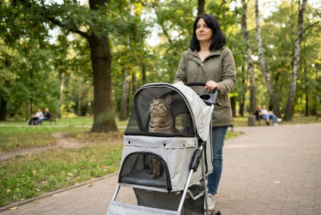 Un chat en balade, sans fuite possible