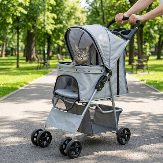 Poussette pour Chat et Petit Chien Pliable jusqu'à 15 kg Grise – mise en situation