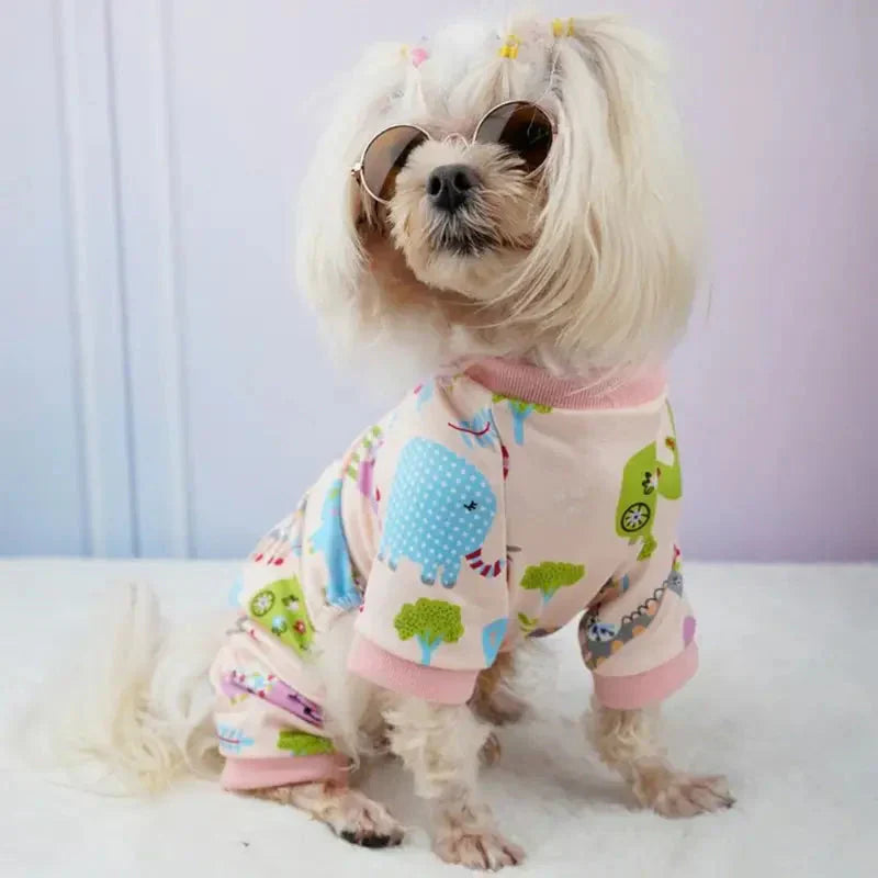 Petit chien portant un pyjama hibou rose - Pyjama en coton pour animaux, grenouillère pour chiens - Compagnie Barboteuses