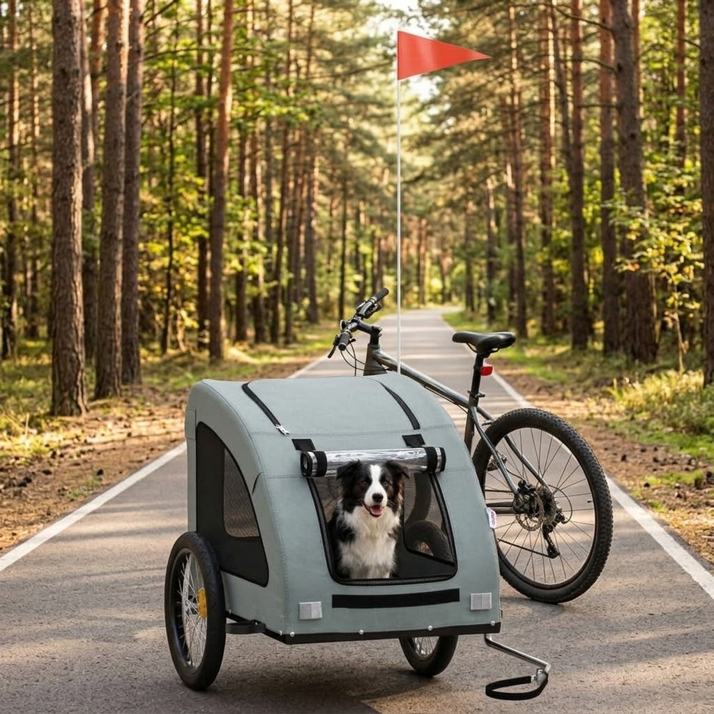 Remorque pour Chien à Vélo avec Protection Pluie jusqu'à 45 kg Grise – mise en situation