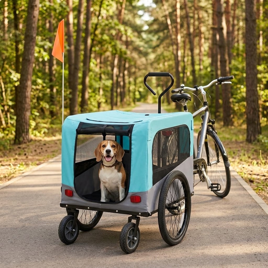 Remorque Poussette Chien 2 en 1 pour Vélo Bleu et Gris – mise en situation