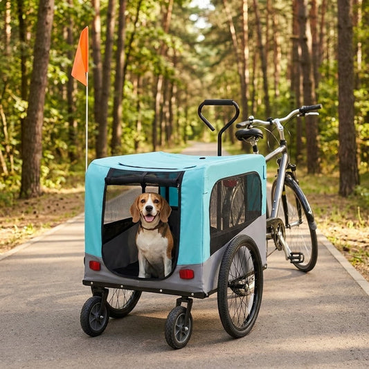 Remorque Poussette Chien 2 en 1 pour Vélo Bleu et Gris – mise en situation