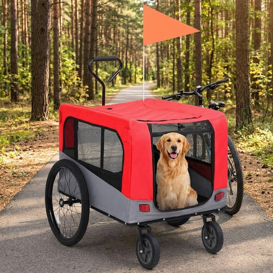 Remorque Vélo Chien 2 en 1 avec Fonction Poussette Rouge et Gris – mise en situation