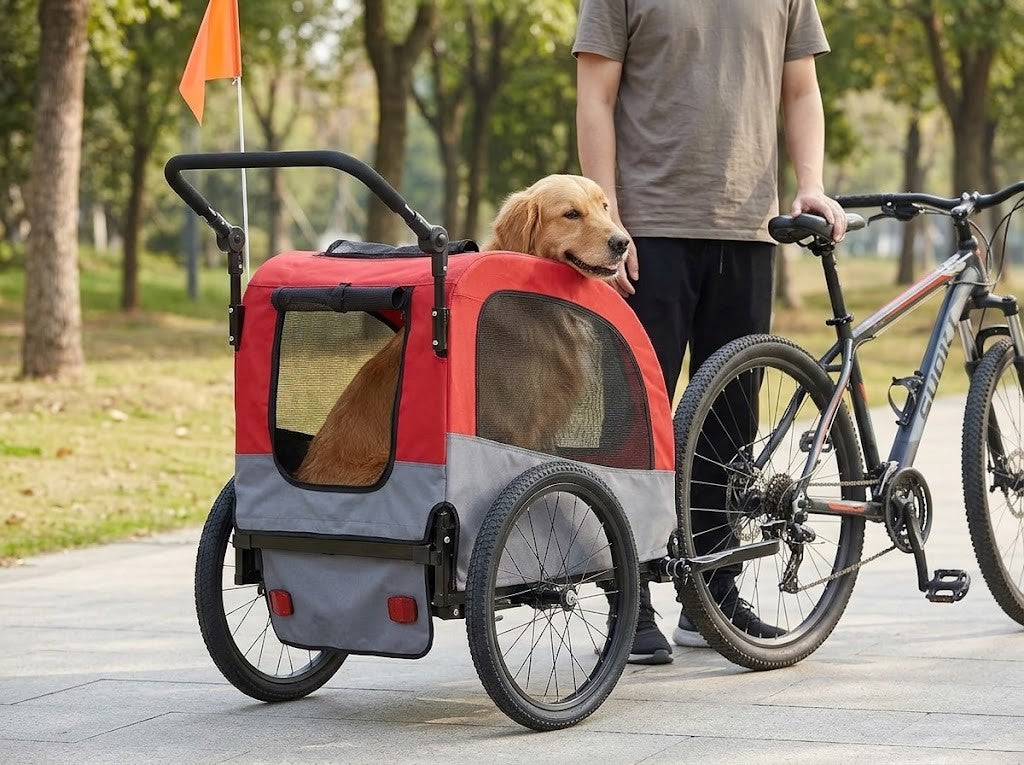 Remorque Vélo Chien 2 en 1 avec Fonction Poussette Rouge et Gris – taille réelle
