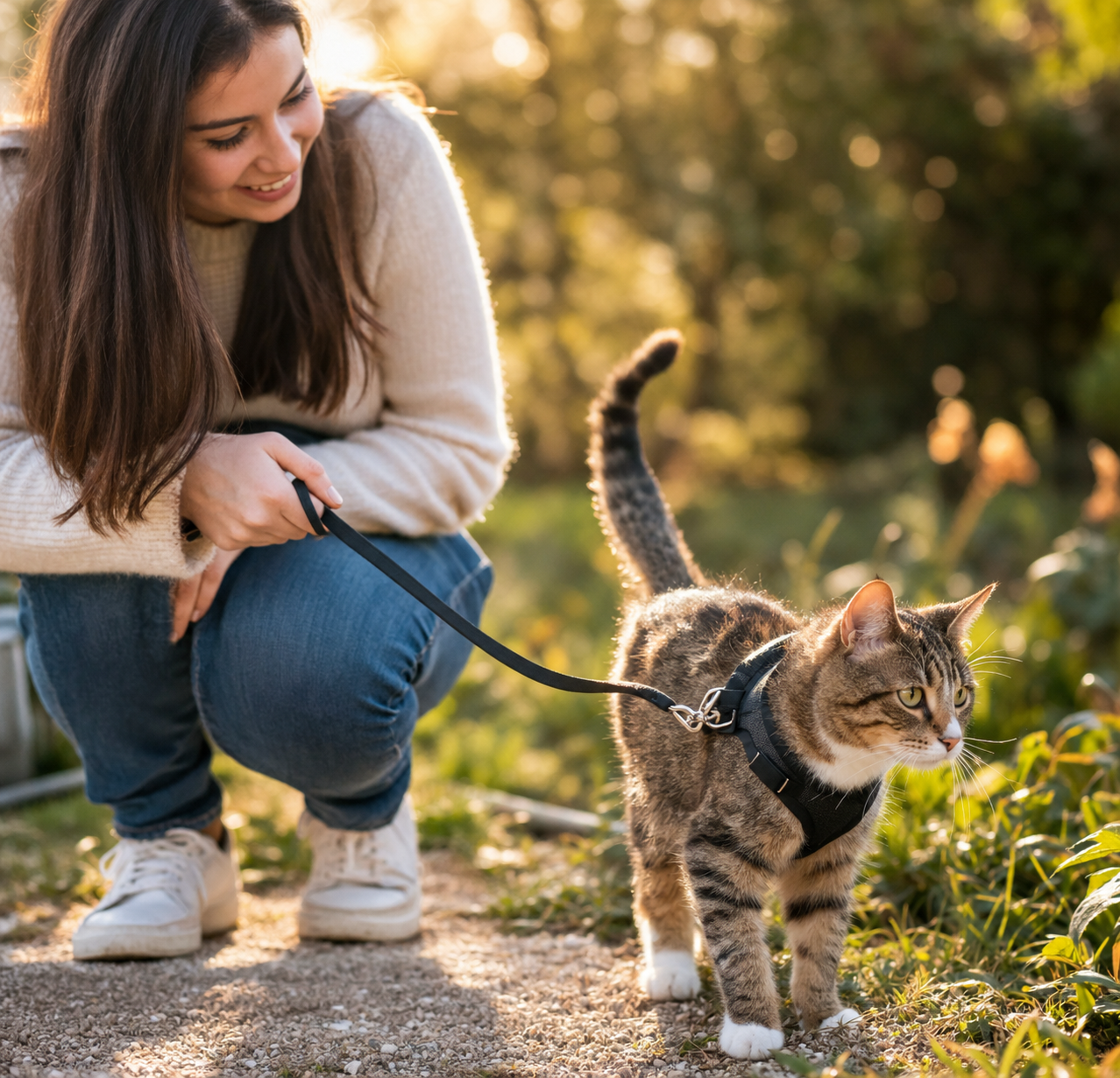 Chat en balade avec son harnais, propriétaire souriant