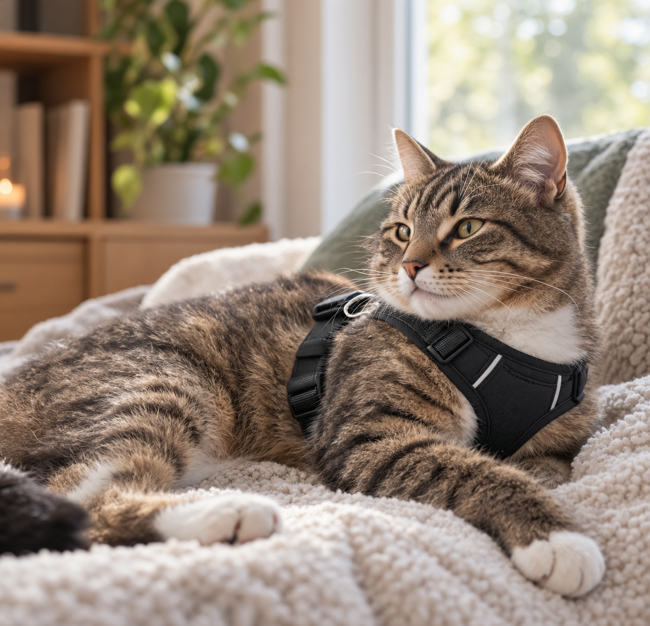 Chat détendu portant son harnais, confortablement installé à l'intérieur